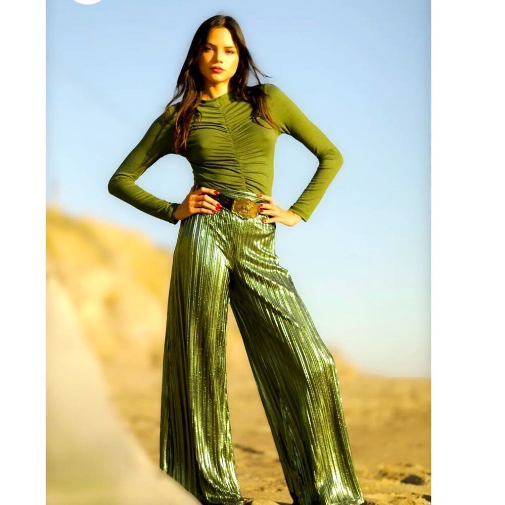 NWOT Nightcap Clothing green metallic pleated wide leg pants small pull on style - Picture 2 of 8